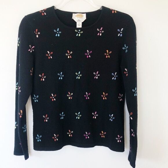Talbots Cashmere Black Floral Pullover Sweater Lightweight Women Size Small - Picture 6 of 6